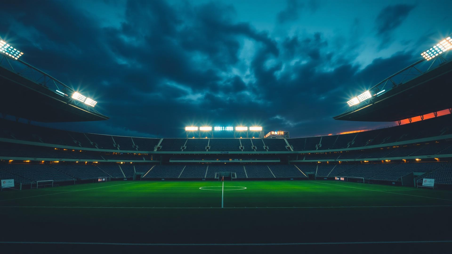 Empty football stadium under floodlights